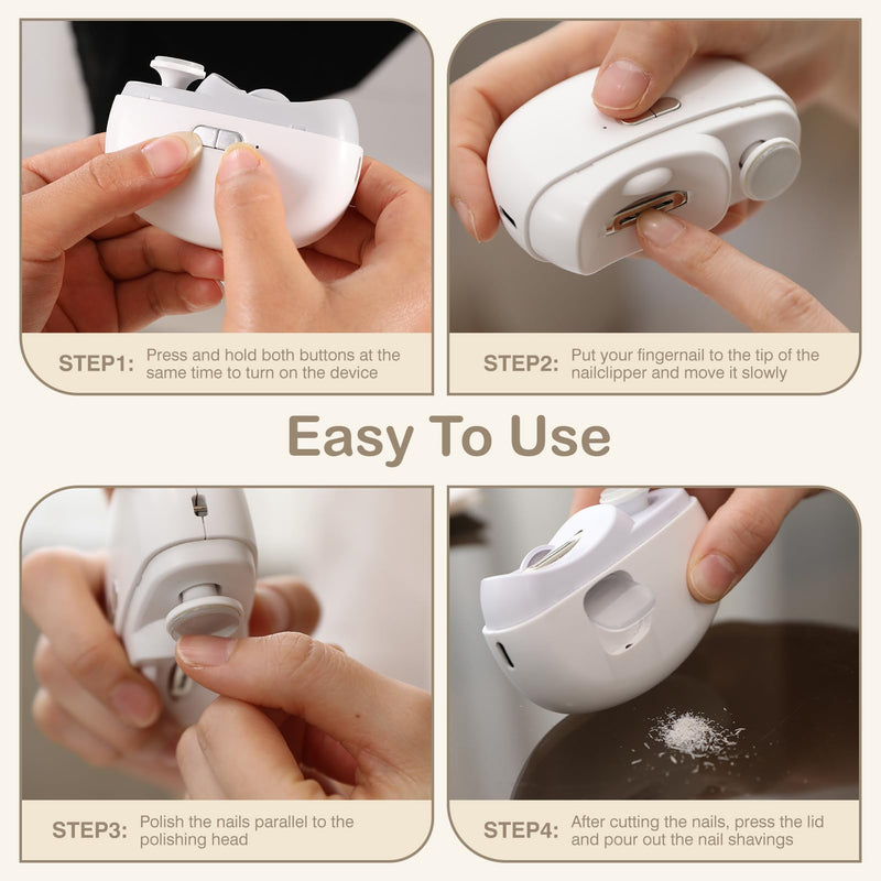 Automatic Nail Clipper Electric Nail Trimmer Polisher 2 in 1 Portable Fingernail Cutter with Light 2 Speeds File Nail Clip Storage Rechargeable Safety Trimmer for Baby Kids Adults Seniors (White) White - BeesActive Australia