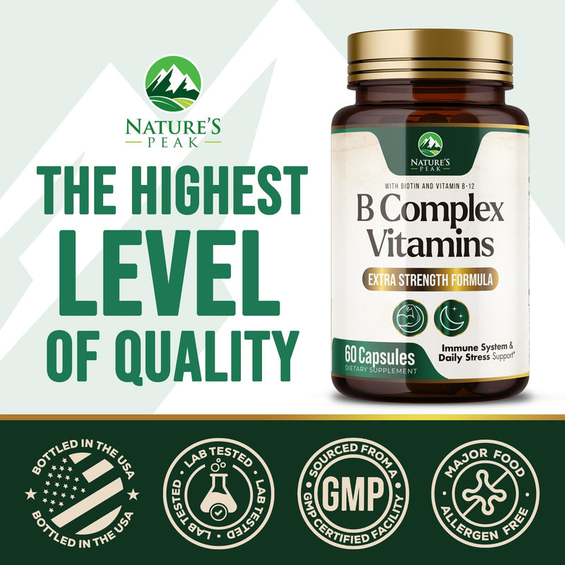 B Complex Vitamin Supplement with Vitamin C & Folic Acid - 60 Capsules | Super B Vitamin Complex - Contains B1, B2, B3, B6, and B12 vitamins for comprehensive nutritional support 60 Count (Pack of 1)