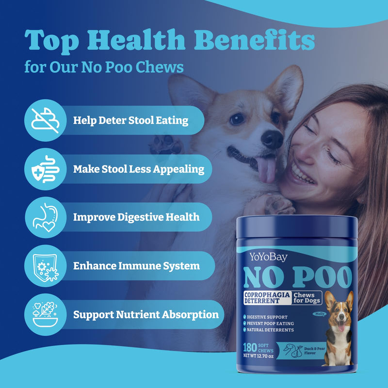 No Poo Chews for Dogs, Coprophagia Deterrent, Stool Eating Deterrent - with Probiotics, Fiber Blend, Natural Deterrent - Digestive Health & Immune Support - 180 Soft Chews, Duck & Pear Flavor 180ct-No Poo Chews