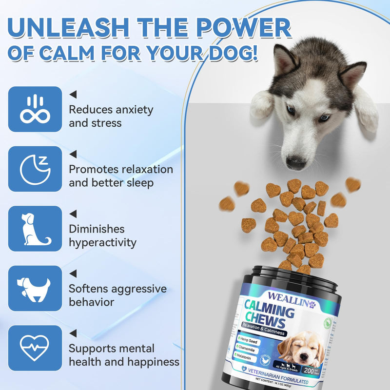WEALLIN Calming Chews for Dogs, Dog Calming Chews with Organic Hemp Seed Oil & Powder, Soft Calming Treats for Stressful Moments, Travel, Thunder, Fireworks, Chicken Flavor, 200 Chews
