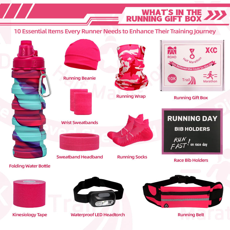 Running Gift Box - 13 Runner Essentials Kit With Belt, Headlamp, Kinesiology Tape, Folding Water Cup & More - Marathon Training, Night and Trail Running Outdoor Fitness Gift for Men Women Neon
