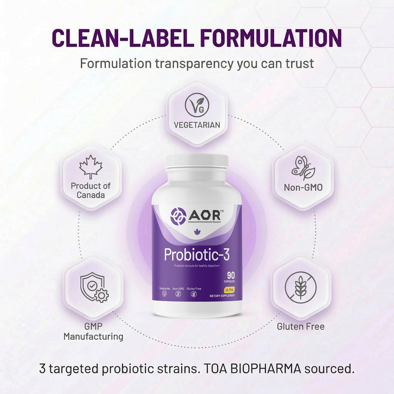 AOR Probiotic Capsules for Gut Health, Shelf Stable, 90 Capsules 30-45 Days | No Refrigeration for Travel, Three Strain Formula, Survives Digestion, Fewer Restocks
