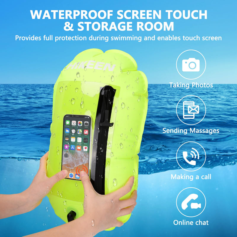 Hikeen Swim Buoy -Waterproof Touchscreen Storage Space, Swim Safety Float w/Adjustable Waist Belt for Open Water Swimmers and Triathletes -Be Bright,Be Safer & Be Seen Green