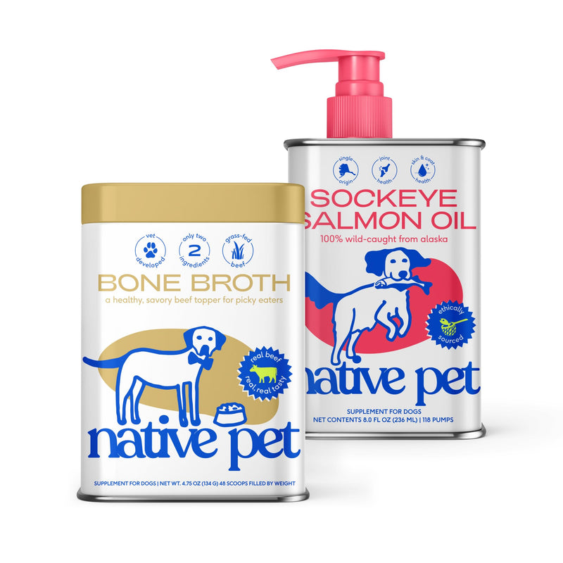 Native Pet Beef Bone Broth Powder for Dogs (48 Servings) & Salmon Oil for Dogs & Cats (8 Oz.) – Pure Omega-3 Fish Oil and Beef Bone Broth Protein Rich Pet Food Supplement