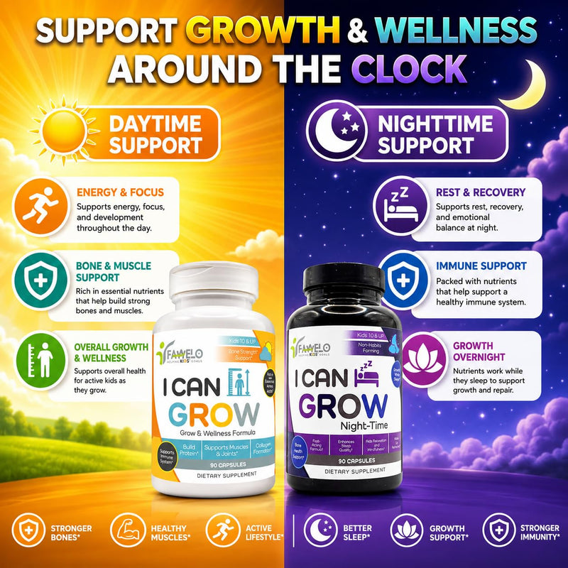 I Can Grow Day-Time Growth Support for Kids 10+ & Teens, 90 Capsules | Bone and Muscle Strength, Focus Support with L-Arginine, L-Ornithine, L-Glycine, Colostrum, Calcium, D3, Magnesium, Zinc