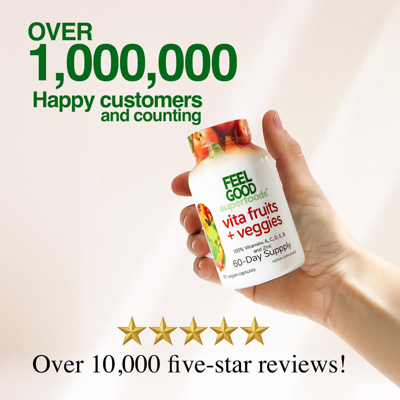 FEEL GOOD Superfoods 1000mg Immune Support Capsules Made with 25 Organic Fruits and Vegetables, Strong Immunity Boosters with Vitamins A, C, D3, and Zinc, 60 Count Vita Extra Strength - 60 Count