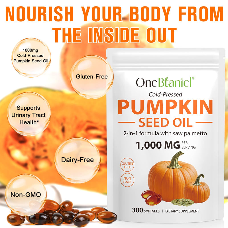 300PCS Pumpkin Seed Oil Capsules,Pumpkin Seed Extract | 2 in 1 Pumpkin Seed Oil with Saw Palmetto for Hair Growth, Cold Pressed, Support Prostate, Heart, Skin Supplement | Non-GMO | Gluten Free