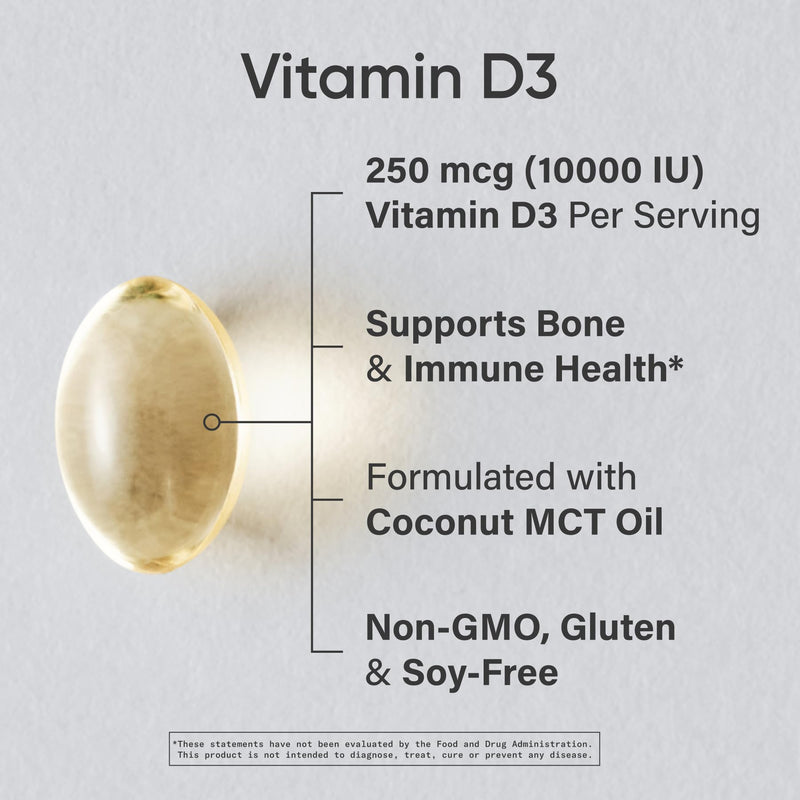 Sports Research® Vitamin D3 10,000iu/250mcg with Coconut Oil, 120 Softgels | Max Strength Vitamin D Supplement | Immune, Bone, Mood Support | Non-GMO, Soy Free - 120 Servings 120 Count (Pack of 1) D3 (10,000 IU)