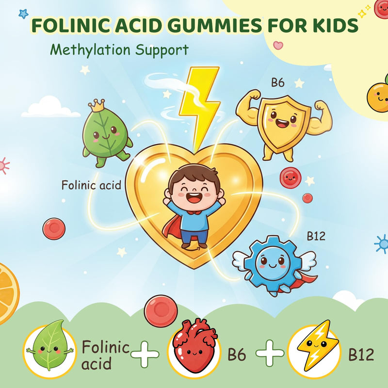 ABYSSUS Kids Folinic Acid Gummies with B6 & B12, Sugar-Free, 60 Count | Brain, Focus, Energy & Healthy Growth Support with Active B6 (P5P) & Methyl B12, Methylation Folate Supplement, Non-GMO