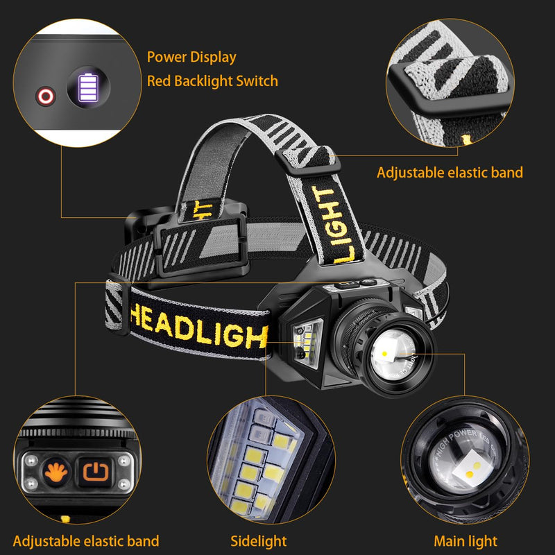 NAKCNM High Lumens Rechargeable Headlamp with Motion Sensor, 12 Modes & Zoomable Beam - Waterproof LED Head Light for Hunting, Camping, Car Repair (Warm/Red Light) - BeesActive Australia