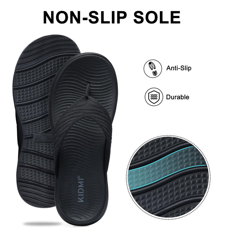 KIDMI Women's Arch Support Flip Flops with Comfortable Cushion Footbed 10-10.5 Black