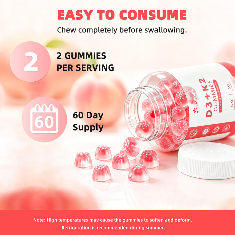 Vitamin D3 & K2 Gummies (2-Pack, 120 Count), Vitamin D3 10000IU, K2 (MK-7) 200mcg, with Zinc, Plant-Sourced K2 from Chickpea – Supports Bone, Heart & Immune Health,Non-GMO, Gluten-Free, Peach Flavor