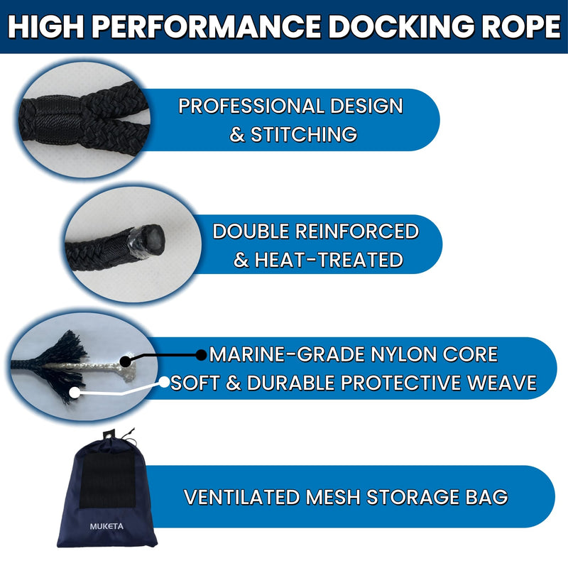 Boat Dock Lines 4 Pack 1/2 in X 15 ft with 12" Eyelet Marine-Grade Double Braided Nylon Boat Lines,Hi-Performance Boat Ropes for Docking and Mooring,Fray Resistant,Easy Handling Black 1/2" x 15' (4 Pack)