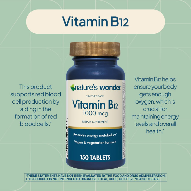Nature's Wonder Vitamin B12 1000mcg Timed Release Steady Energy 150Tablets | Supports Red Blood Cell Production, Energy Metabolism, Brain & Nervous System Health for Women & Men, Gluten-Free, 150 Days 150 Count (Pack of 1)