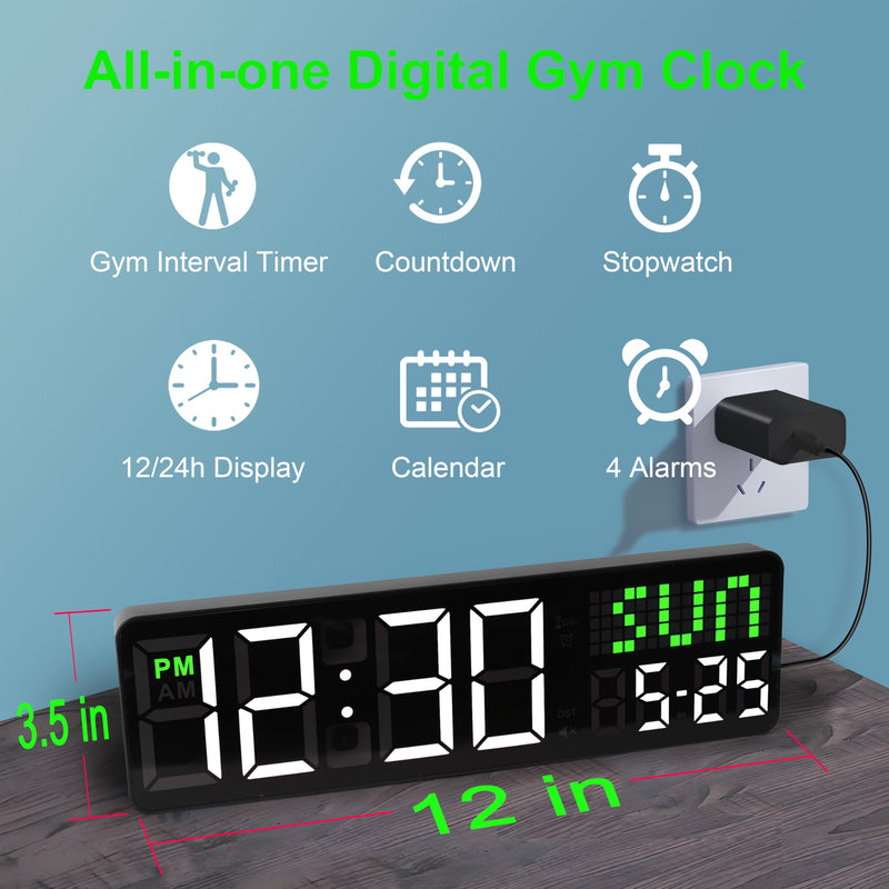LUCORB 12'' Gym Clock, Interval Workout Digital Wall Clock with Seconds Date for Home Gym, 5 Display Modes | Remote Countdown Timer, Stopwatch | 4 Alarms fit Classroom Living Room Office - BeesActive Australia