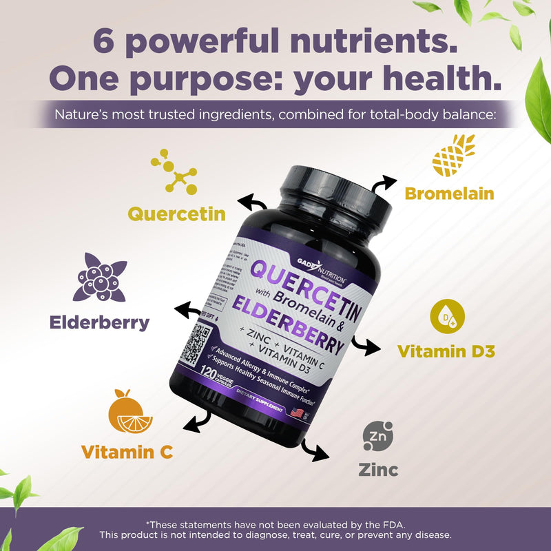 Gade Nutrition Quercetin with Bromelain Elderberry Vitamin C and Zinc | Sambucus Immune Support Supplement 500mg Capsules | Gluten-Free | Made in USA | 2 Month Supply Third Party Tested 120 Count (Pack of 1)