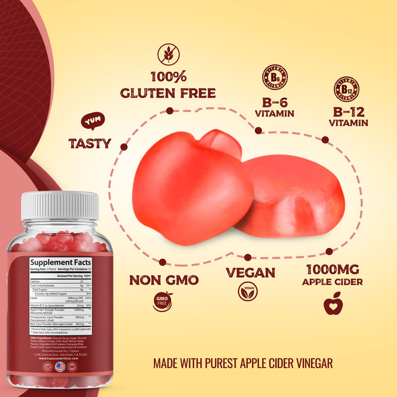 Toplux Apple Cider Vinegar Gummies - 1000mg ACV with B12, Beet Root, Pomegranate for Immune System, Detox & Cleanse, Gummy Alternative to Apple Cider Vinegar Capsules, for Men Women 2X Pack 30 Count (Pack of 2)