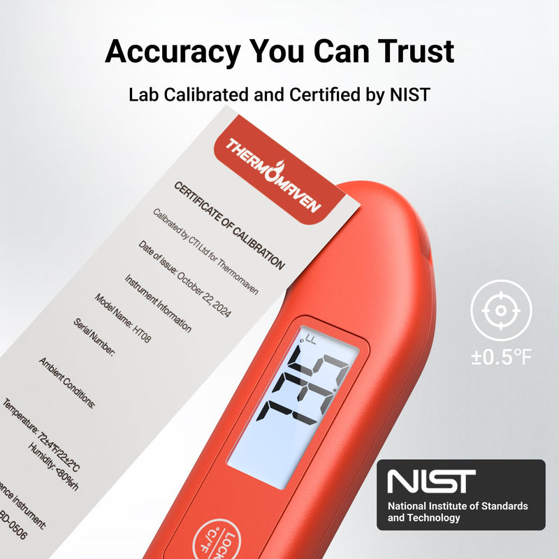 Professional Meat Thermometer Digital, ±0.5℉ NIST Certified Accuracy, Instant Read Food Thermometer for Cooking Grill, Fully Waterproof, Auto-Rotate Backlit Display, Motion-Sensing On/Off, Red