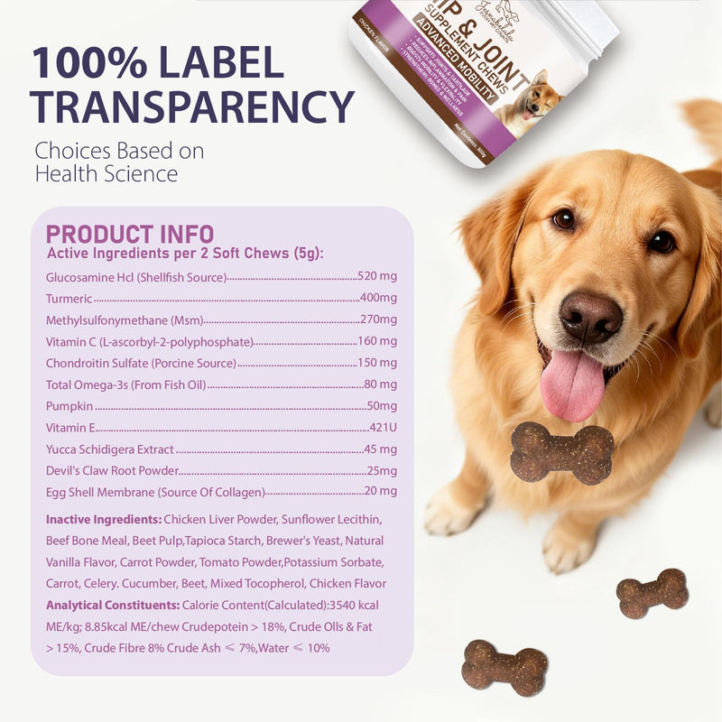 Joint Care Chews for Dogs-Hip and Joint Supplement for Dogs to Actively Support Mobility-High Levels of Glucosamine, Green Lipped Mussels, Omega 3 and Turmeric-150 Soft Chews