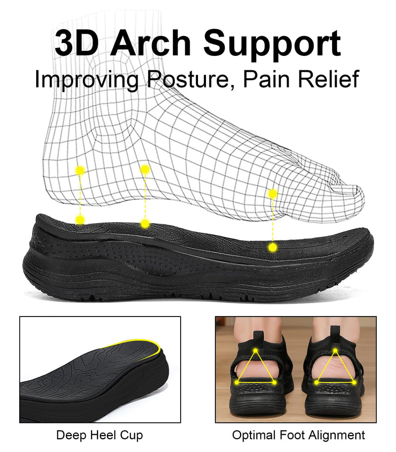 Womens Comfortable Orthopedic Sandals Arch Support Ladies Walking Sport Athletic Sandals Open Toe Slip On Plantar Fasciitis Platform Dress Sandal 2 Inches Heel 6.5 Black
