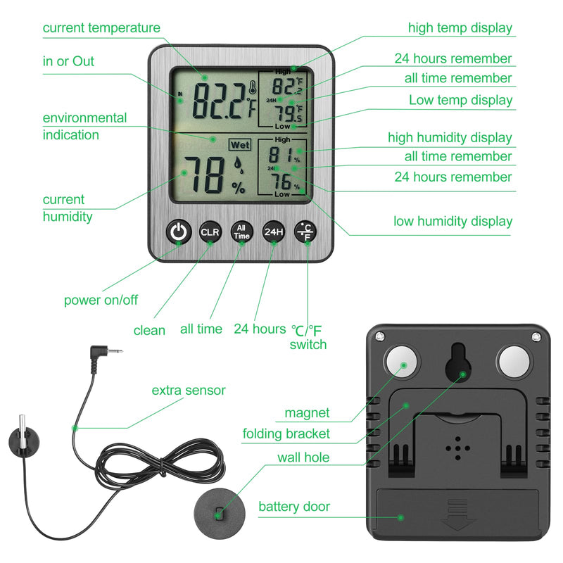Digital Refrigerator Freezer Fridge Thermometer with Extra Sensor Digital Hygrometer max and min Before 24 Hours and All time Remember Reptile Tank Thermometer Hygrometer White zz20 A 1
