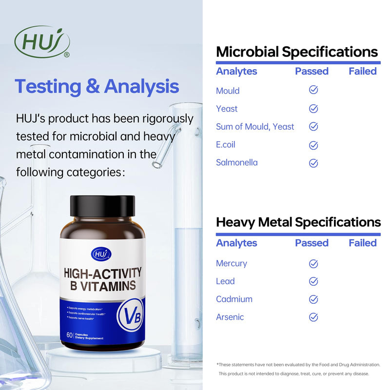 HUJ High-Activity B Vitamins - Supports Normal Energy Metabolism & Nerve System Health - Supplement with 8 B Vitamins, Inositol and D-Chiro Inositol - 60 Capsules.
