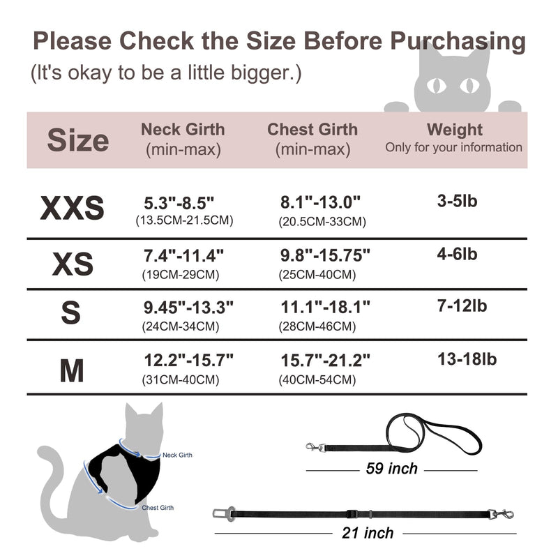 Cat Harness and Leash for Walking, Retractable Cat Harnesses and Leash Set Escape Proof, Breathable Soft Kitten Harness Small Large Cat Harness for Travel Training and Walking, Black, S S(chest:11.1"-18.1") - BeesActive Australia