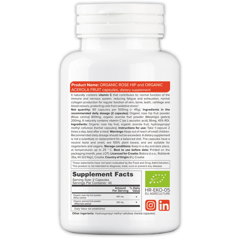 b Natural RoseHips & Acerola Capsules - Plant Based Vitamin C 1000mg from Acerola Cherry Powder & Rosehip Powder - Without Ascorbic Acid - Supports Immune Health - GMO Free - 90 Vegan Capsules