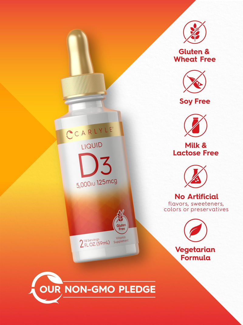 Carlyle Liquid Vitamin D3 | 5000 IU (125 mcg) | 2 oz | Vegetarian, Non-GMO, and Gluten Free Supplement | Vitamin D Liquid Drops for Adults 2 Fl Oz (Pack of 1)