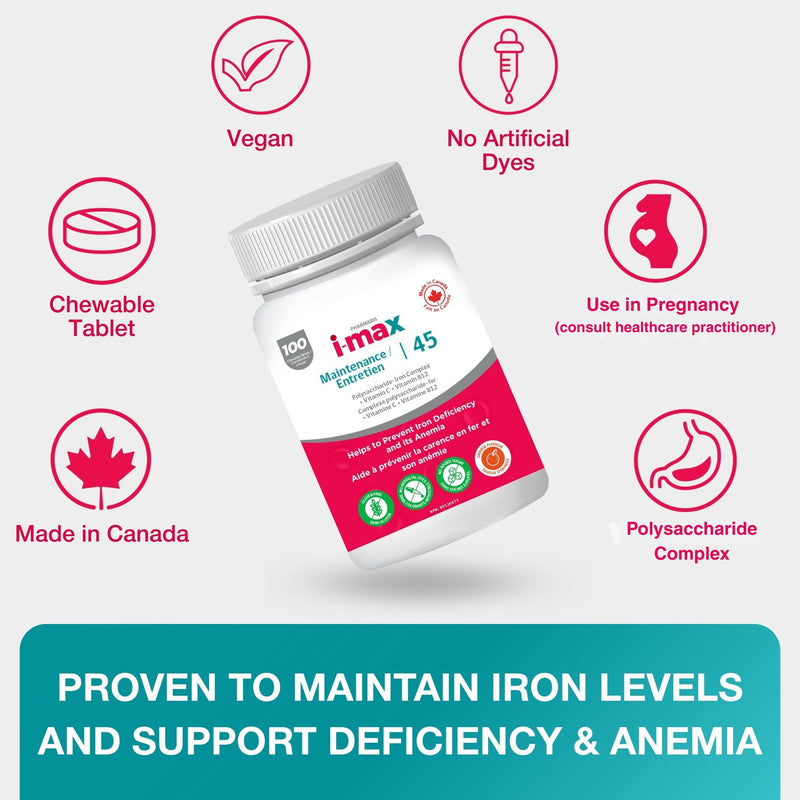 Pharmaris i-max Maintenance Iron Supplement, 45mg Elemental Iron-Polyschaccaride Complex + Vitamin C & B12, Iron Supplement for Women & Men, No Artificial Dyes, Orange Flavor, 100 Chewable Tablets