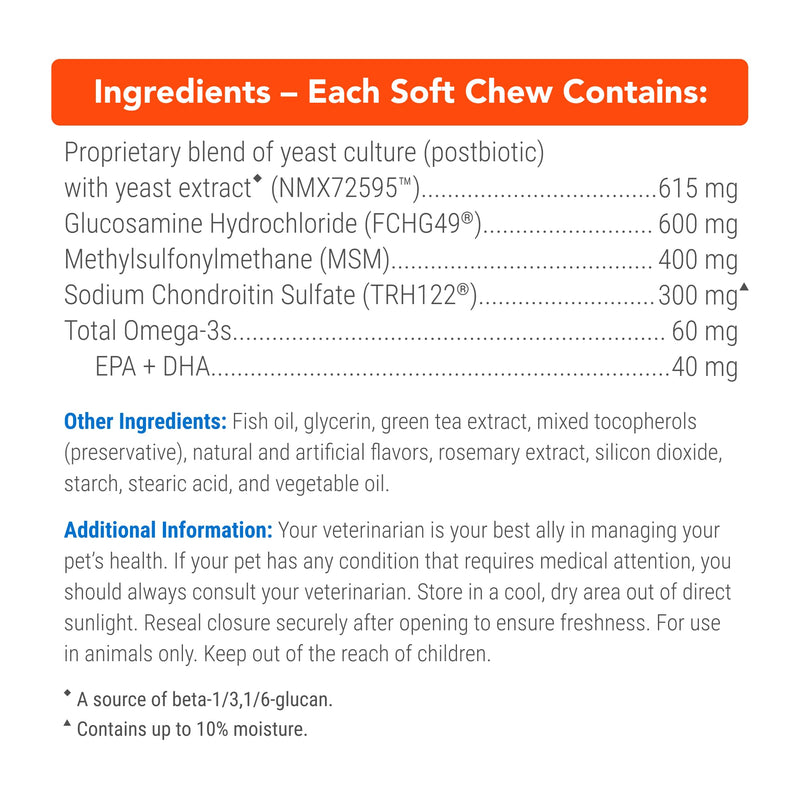 Nutramax Cosequin Joint Health Supplement with Multifunctional Support for Dogs, Soft Chews with Glucosamine, Chondroitin, Omega-3s, and Postbiotics, 90 Count