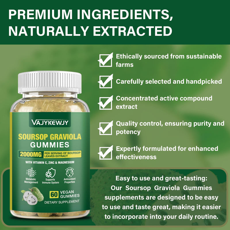 2 Pack Soursop Graviola Gummies - 2000mg Extra Strength Soursop Leaves Extract, Vitamin C, Zinc & Whole Natural Food for Immunity, Vegan, 120 Gummies 2pack