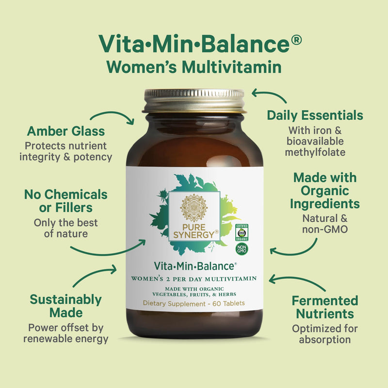 PURE SYNERGY Vita·Min·Balance Multivitamin for Women with Iron (60 Tablets) | Women's Daily Multivitamin, Made with Organic Whole Foods, For Balanced Energy & Stress Support