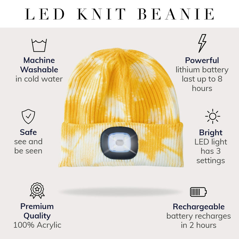 HEAD LIGHTZ® Rechargeable LED Beanie Hat with Built-in Light – Hands-Free Lighted Cap for Running, Walking, Camping & Outdoor Use – Machine Washable, Unisex Yellow Tie Dye