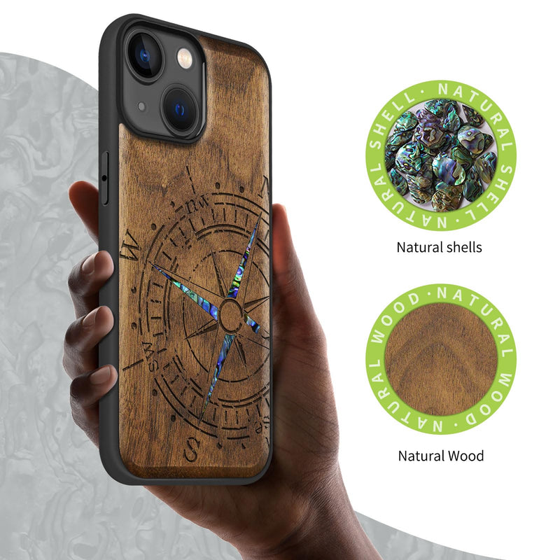 Carveit Wooden Case for iPhone 15 Magnetic Case, Compatible with MagSafe Wireless Chargers, Shockproof Cover, Handmade Shell Inlaid & Wood Artisan Engraved (Incomplete Compass) Walnut iPhone 15 (6.1 inch) Compass-Walnut