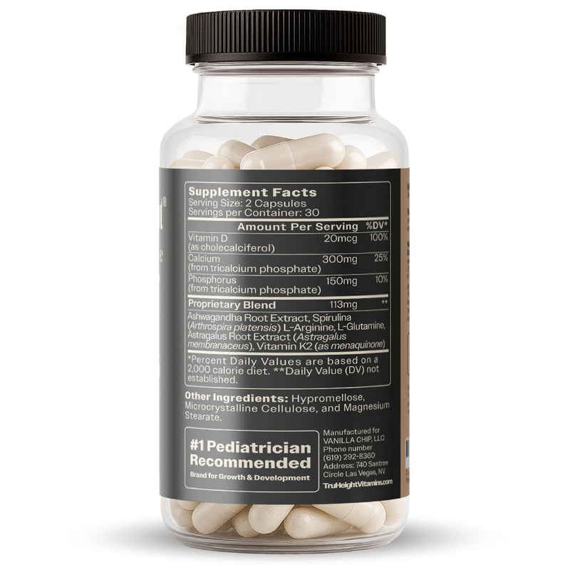 TruHeight Growth Capsules - Tall Nutrition for Natural Growth Supplement for Kids & Teens - Pediatric Vitamin D, K, Calcium & Ashwagandha - Bone Strength - Kids Vitamins D3 K2 Pills, Taller Ages 5+ 60 Count (Pack of 1)