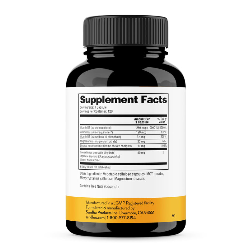 Vitamin D3 K2 10000 IU 120mcg Magnesium Zinc B6 Quercetin Capsules 360 Ct | 6-in-1 D3+K2 Supplements Supports Bone, Immune, Energy And Muscle Health, Gluten-Free, 12-Month Supply, USA Made by Sandhu's 120 Count (Pack of 3) 10000 IU Capsules