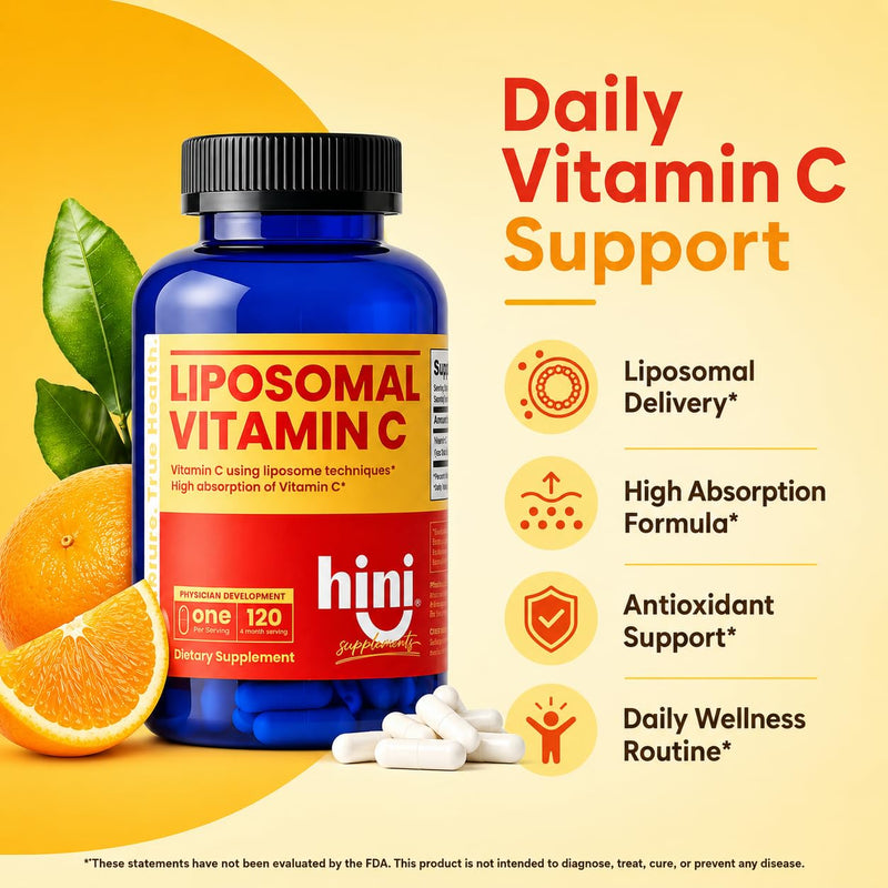 HINI Liposomal Vitamin C 500mg, High Absorption Vitamin C Supplement with CellG8 Quali-C, Daily Immune & Antioxidant Support, 1 Capsule Daily, 120 Servings