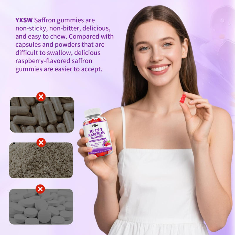 Saffron Gummies, Saffron Supplements for Kids & Adults with Ashwagandha, L-Theanine, Lemon Balm, Vitamin D3, B6, Magnesium & Zinc - Support Focus, Relaxation, Raspberry Flavor, 60 Count 60 Count (Pack of 1)
