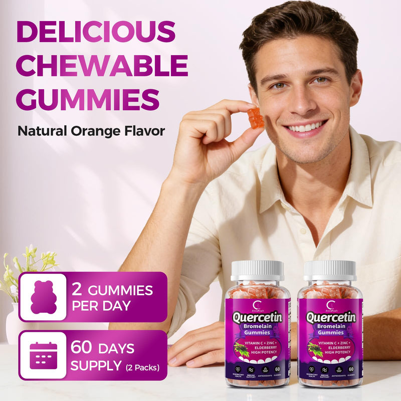 Quercetin with Bromelain Gummies, Support Immune, Vegan, Non-GMO, 2 Pack | Quercetin & Bromelain, Vitamin C, Zinc & Elderberry, Respiratory Health & Antioxidant Supplement, Vegan, 120 Gummies