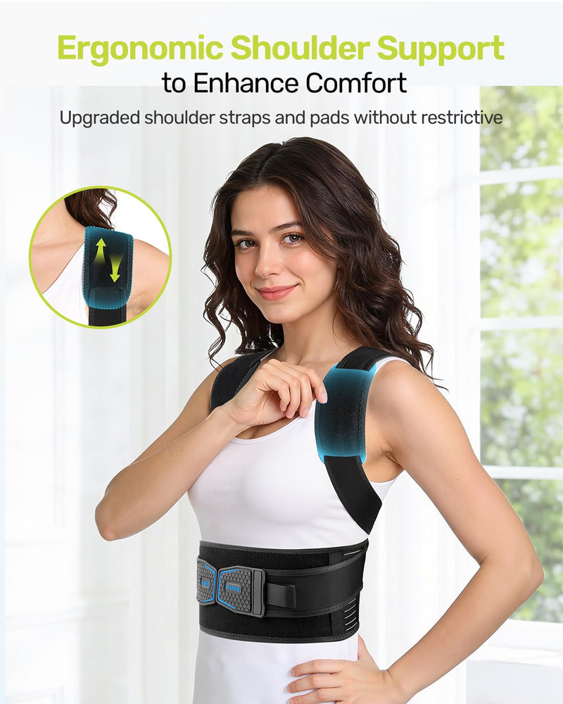 Rakiie Posture Corrector for Women and Men, Upgraded Back Brace with Enhanced Support, Shoulder Straightener with Cushioned Shoulder Pads & Underarm Pain Relief Strap, Blue L