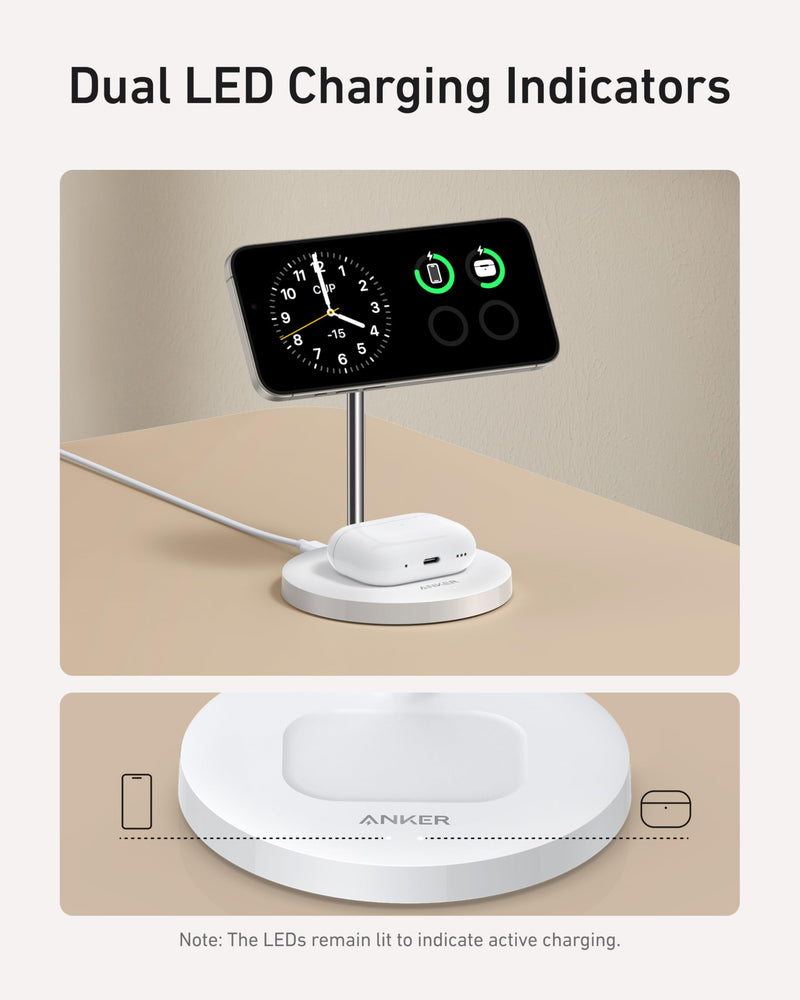 Anker MagSafe Charger Stand Compatible, MagGo 2-in-1 Charging Station, 【Upgraded】 Qi2 Certified 15W Wireless Charger Stand, for iPhone 15/14/13/12, AirPods Pro White - BeesActive Australia