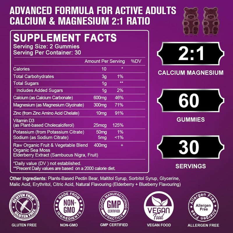 Calcium Magnesium Zinc Gummies with High Absorption Magnesium Glycinate 300mg, Potassium - Plant Complex Calcium Magnesium 2:1 Ratio, with D3 Sea Moss for Bone, Immune & Sleep Support, Vegan-3 Pack 60 Count (Pack of 3)