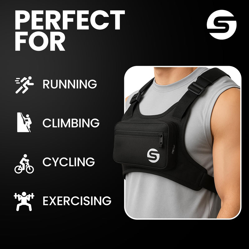 Running Chest Pack for Men Women with Collapsible Water Bottle, Water-Resistant Adjustable Chest Pack with Reflective Back for Cycling, Hiking, Workouts, with Phone Holder and Extra Storage Black