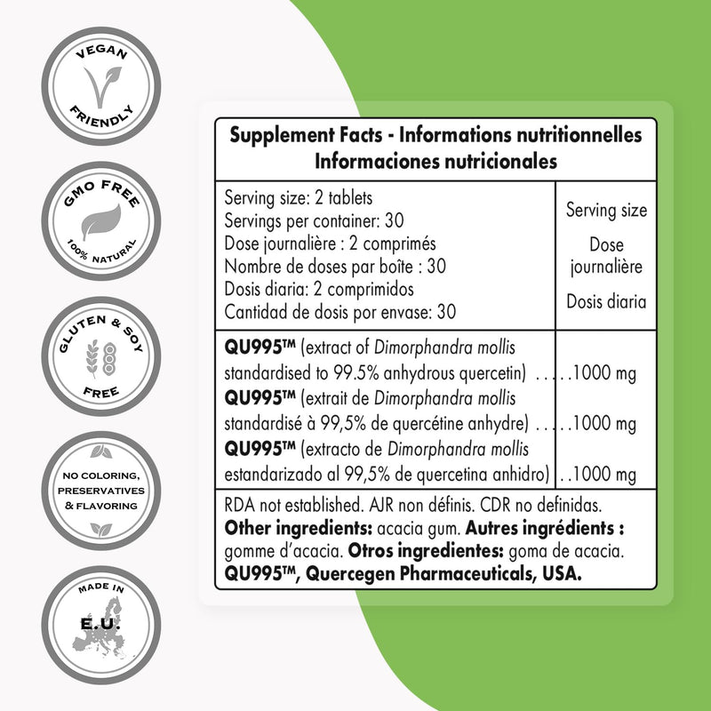 Supersmart - Super Quercetin 1000mg per Day (Patented QU995) - High Purity Quercetin Supplement - Natural Bioflavonoids | Non-GMO & Gluten Free - 60 Tablets