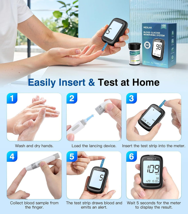Medilax Blood Glucose Monitor Kit, Blood Sugar Testing Kit with 100 Strips Black