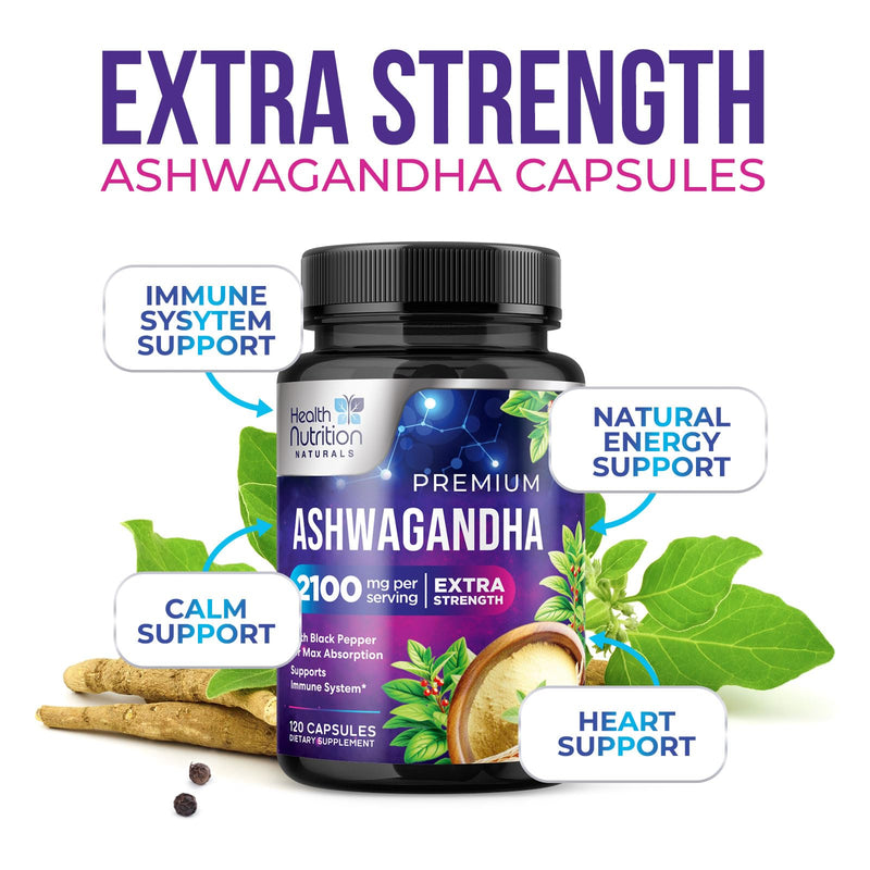 Ashwagandha Supplements - Best Ashwagandha Root & Powder Capsule with Black Pepper for Max Absorption - Naturally Calm & Unwind for Women & Men - Vegan, Gluten Free, USA Bottled - 120 Capsules 120 Count (Pack of 1)