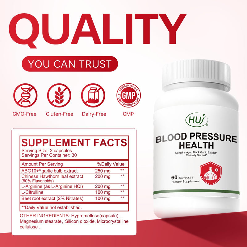 HUJ Blood Pressure Health Supplement, Plant-Based Formula with Black Garlic, Hawthorn, Beetroot, L-Arginine, L-Citrulline, 60 Capsules