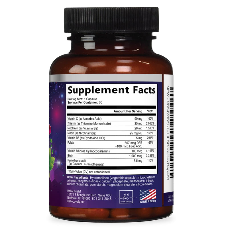 B Complex Vitamin Supplement - 3X Strength with Biotin, Vitamin C & Folic Acid - Super B12 Complex Vitamins for Energy, Supports Hair Growth, Immune Support for Women & Men, USA Bottled, 60 Capsules 60 Count (Pack of 1)