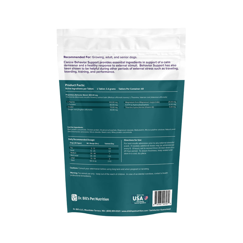 Dr. Bill’s Canine Behavior Support | Calming Supplement for Dogs with Stress or Anxiety | Chamomile, Lemon Balm & Valerian | Aids Training & Behavior Management - PawsPlanet Australia